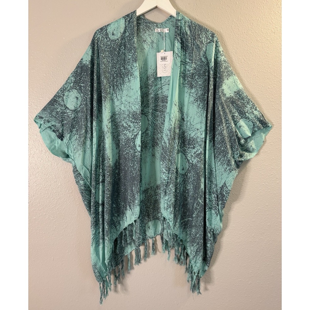 NWT Tamsy Turquoise Fringe Kimono Cover Up Boho Festival Resort One Size